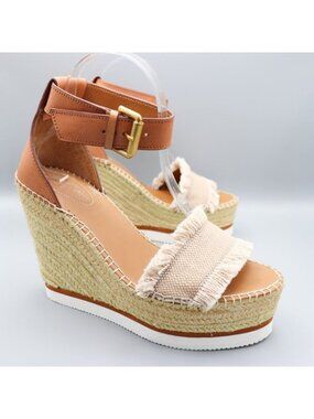 See By Chloé Glyn Frayed Canvas & Leather Espadrille Wedges 39 / US 9